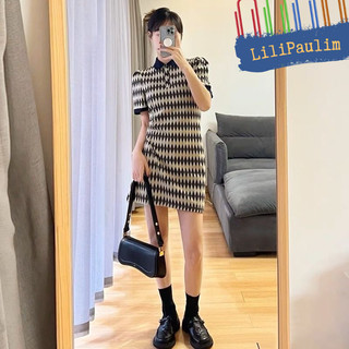 Váy Len Body Dáng Ngắn Phong Cách Hàn Quốc, Đầm Polo Tay Ngắn Họa Tiết Hinh Thoi Cho Nữ