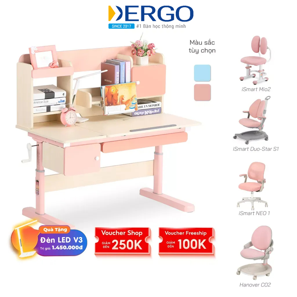 Bộ Bàn Học Cho Bé Chống Gù Chống Cận Cao Cấp Có Hộc Tủ DERGO S8 (Tặng đèn chống cận đa năng)