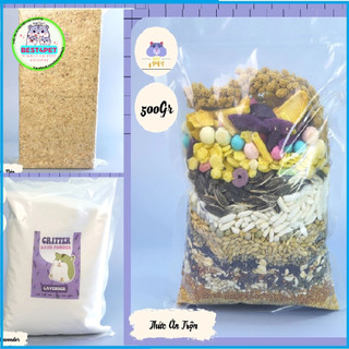 Combo 3 món thức ăn hamster + mùn cưa + cát tắm