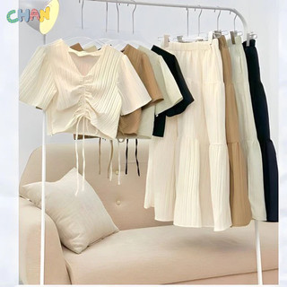 Sét váy đũi gân gồm áo rút ngực + chân váy 3 dáng dài chất đũi gân