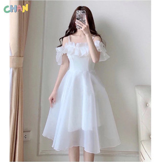 Váy trễ vai 2 dây xếp ly vai màu trắng, đầm trễ vai màu trắng