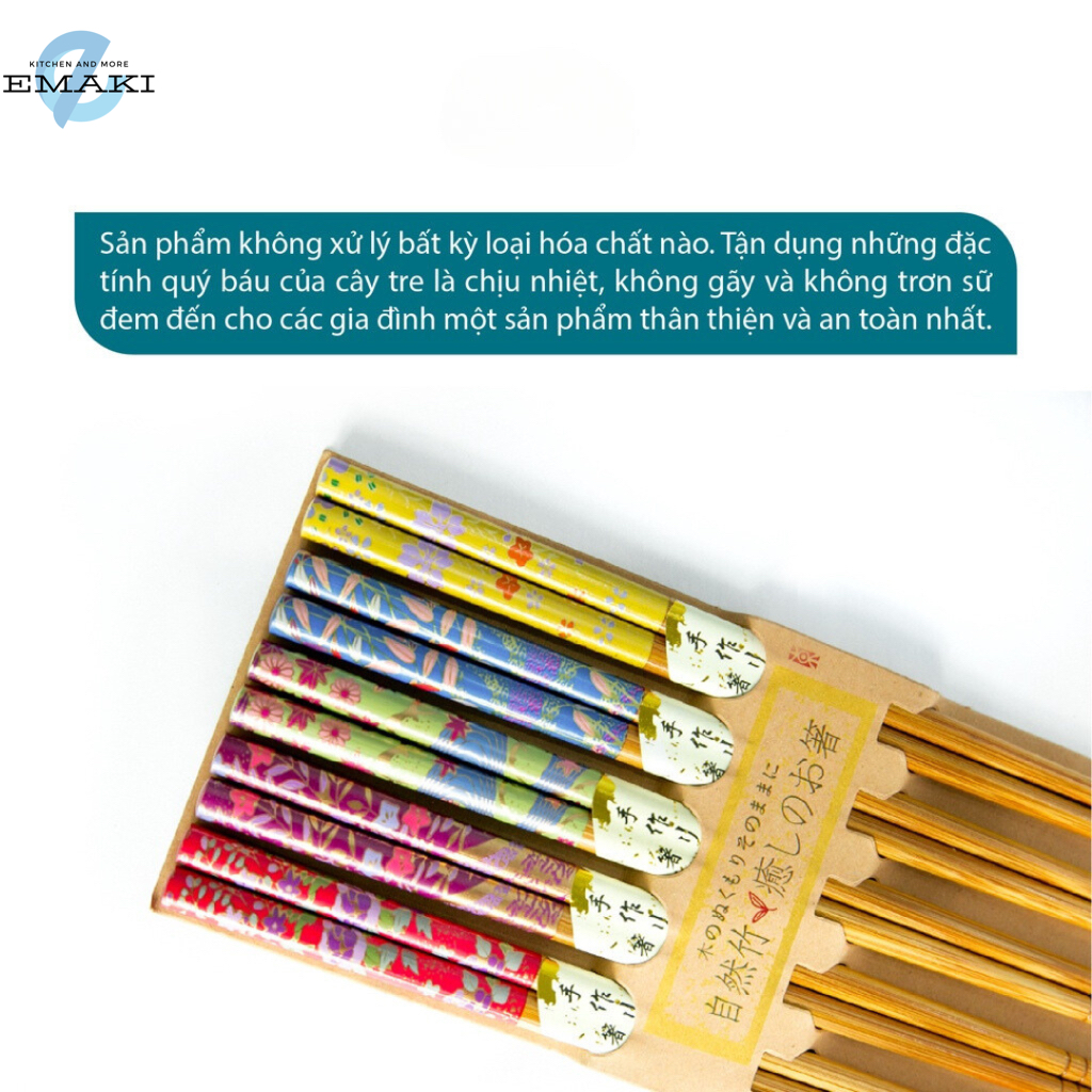Bộ ĐŨA TRE xuất khẩu Nhật KOKUSAI 5 đôi 22.5cm NDCK - Đũa ăn cơm, Tre tự nhiên, không BPA, kháng khuẩn - Emaki Vietnam