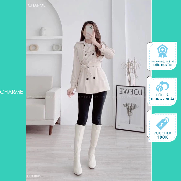 Áo khoác nữ Măng tô tay bo cách điệu thiết kế Charme 11005