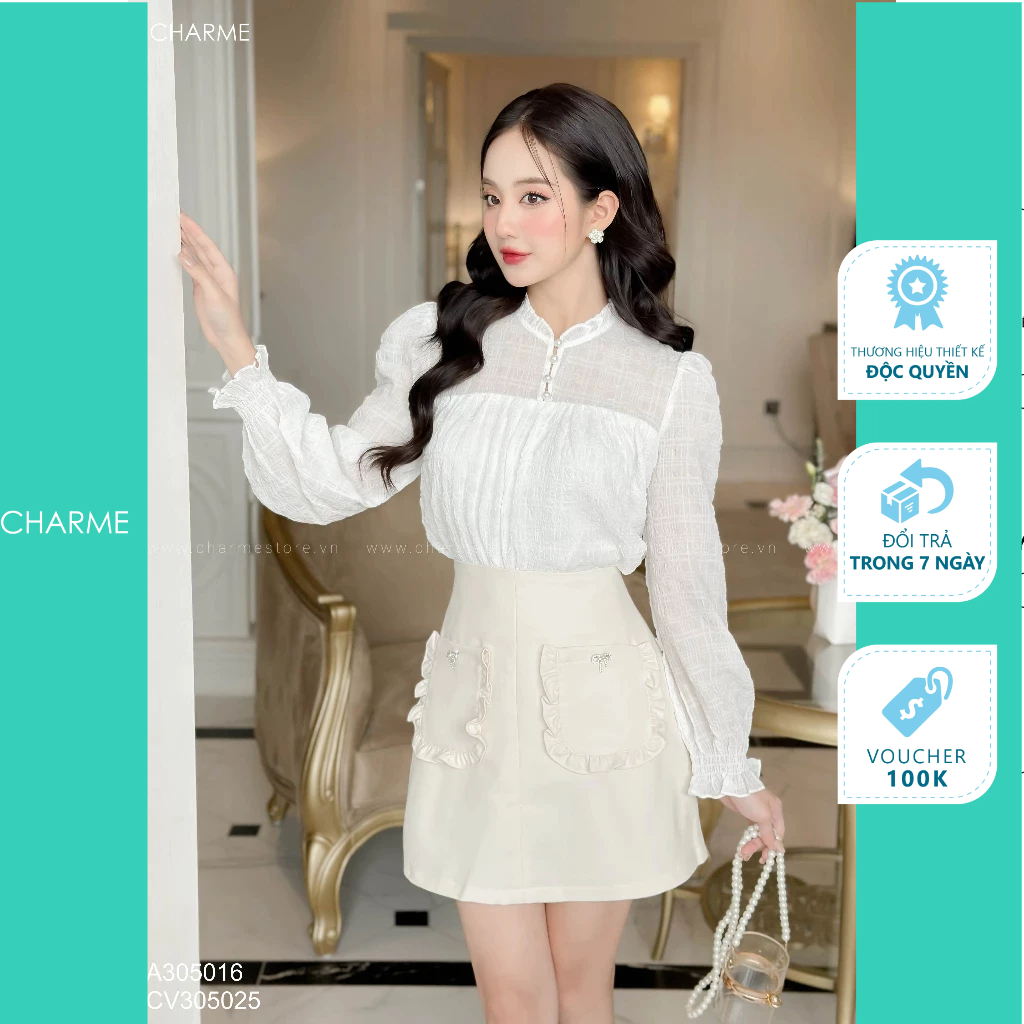 Áo thiết kế cúc ngọc chất đũi mềm cao cấp Charme 305016