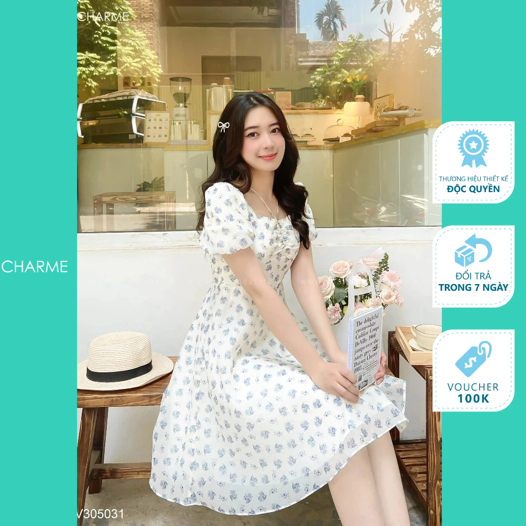 Váy hoa cổ vuông bồng tay dáng xòe nhẹ nhàng Charme 305031