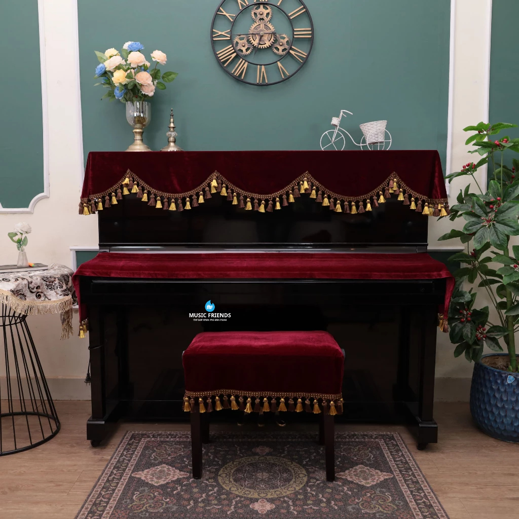Bộ Khăn Nhung Đỏ Rượu Vang - Phù Hợp Cho Piano Cơ và Piano Điện Tua Rua Cao Cấp