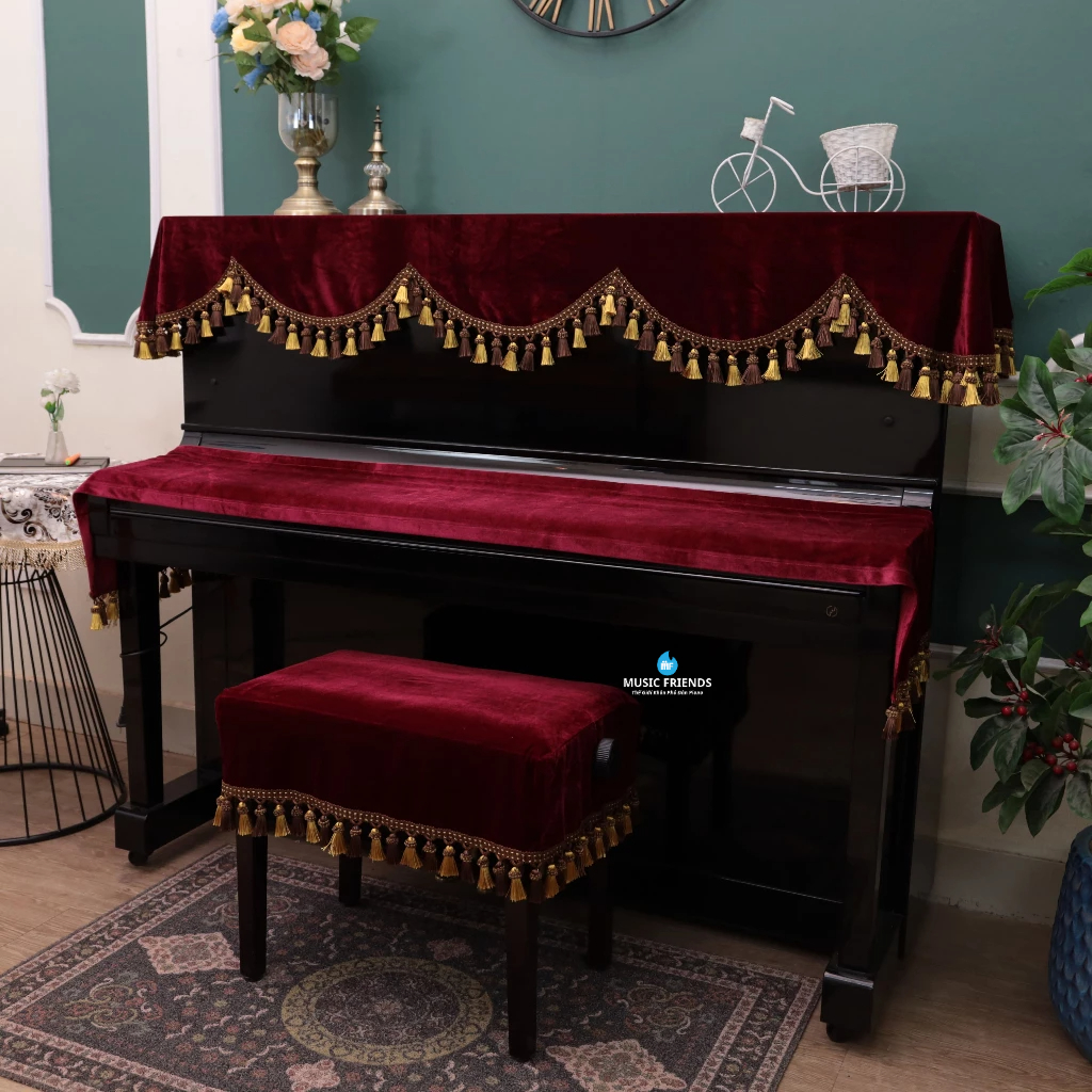 Bộ Khăn Nhung Đỏ Rượu Vang - Phù Hợp Cho Piano Cơ và Piano Điện Tua Rua Cao Cấp