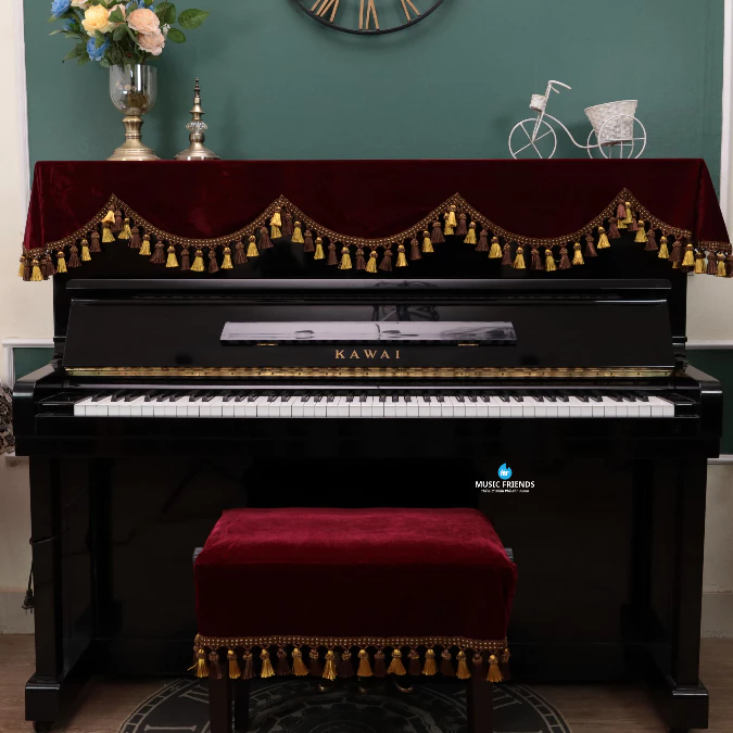 Bộ Khăn Nhung Đỏ Rượu Vang - Phù Hợp Cho Piano Cơ và Piano Điện Tua Rua Cao Cấp