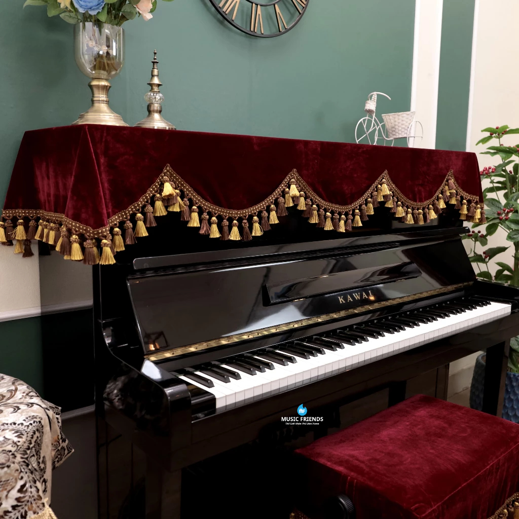 Bộ Khăn Nhung Đỏ Rượu Vang - Phù Hợp Cho Piano Cơ và Piano Điện Tua Rua Cao Cấp