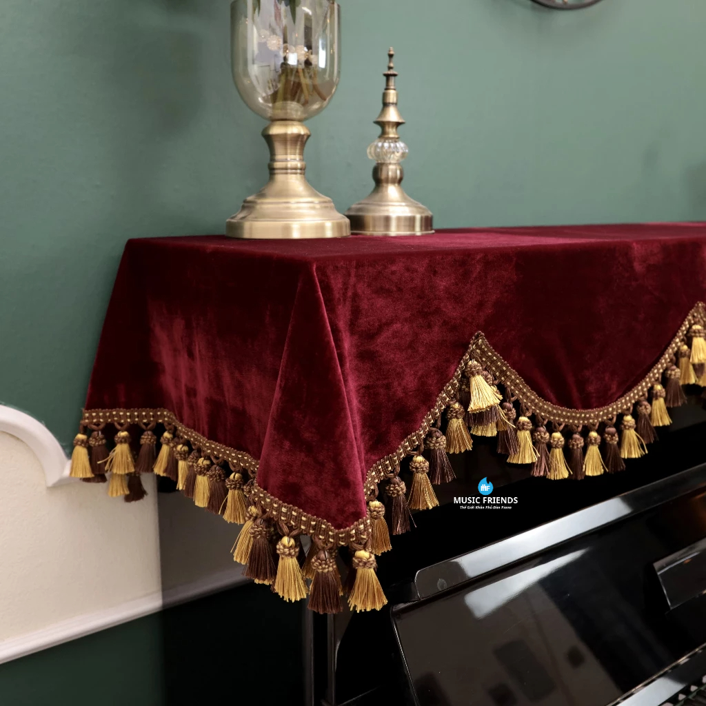 Bộ Khăn Nhung Đỏ Rượu Vang - Phù Hợp Cho Piano Cơ và Piano Điện Tua Rua Cao Cấp