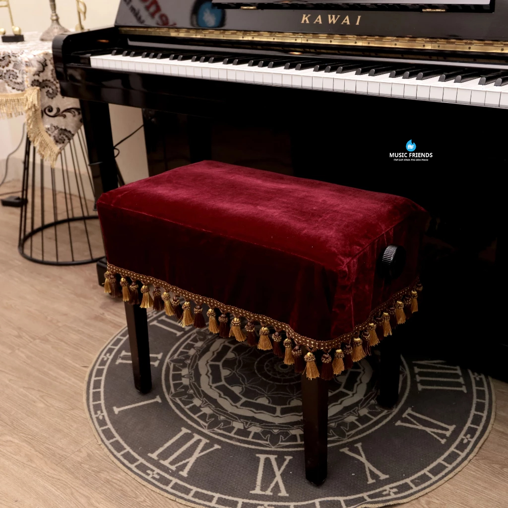 Bộ Khăn Nhung Đỏ Rượu Vang - Phù Hợp Cho Piano Cơ và Piano Điện Tua Rua Cao Cấp