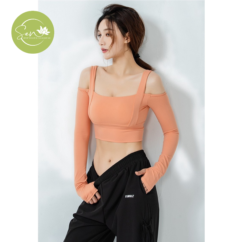 Áo tập gym, yoga dài tay, hở vai, trễ vai thu - đông