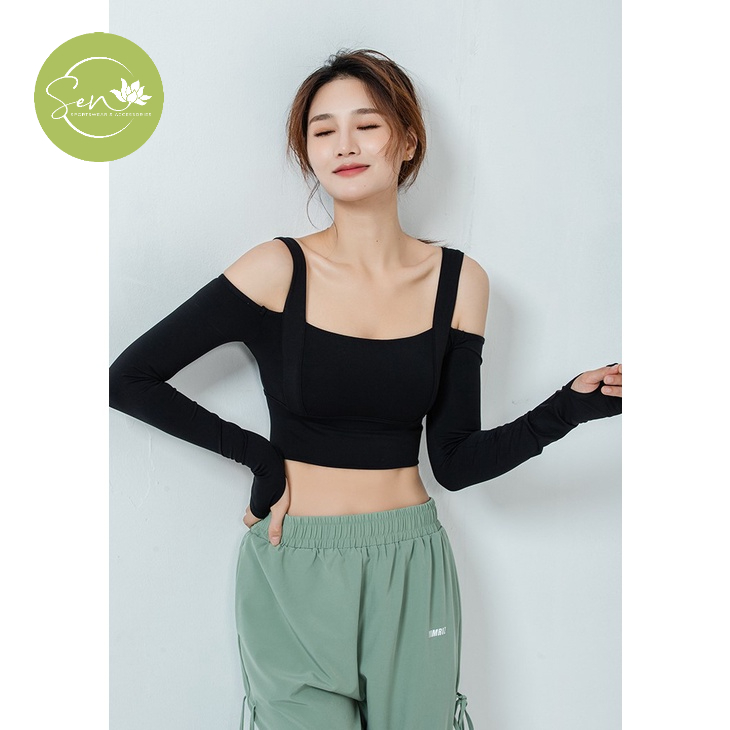 Áo tập gym, yoga dài tay, hở vai, trễ vai thu - đông