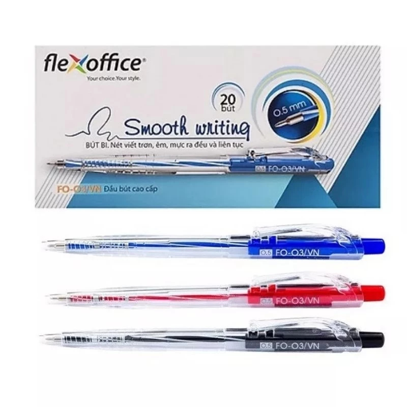 Hộp 20 Bút bi Thiên Long Flexoffice FO - 03, ngòi 0.5mm, màu xanh/đỏ/đen, thiết kế 3 cạnh dễ cầm