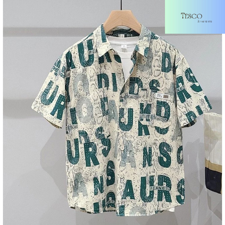 Áo sơ mi nam ngắn tay họa tiết in BASIC - chất vải đũi lụa mềm mịn thoáng khí nhanh khô