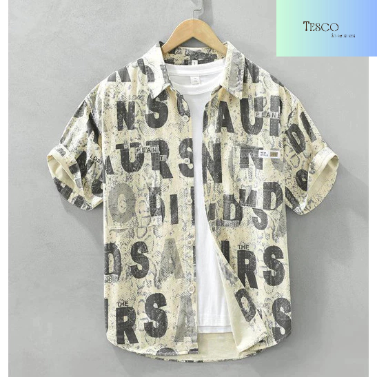 Áo sơ mi nam ngắn tay họa tiết in BASIC - chất vải đũi lụa mềm mịn thoáng khí nhanh khô