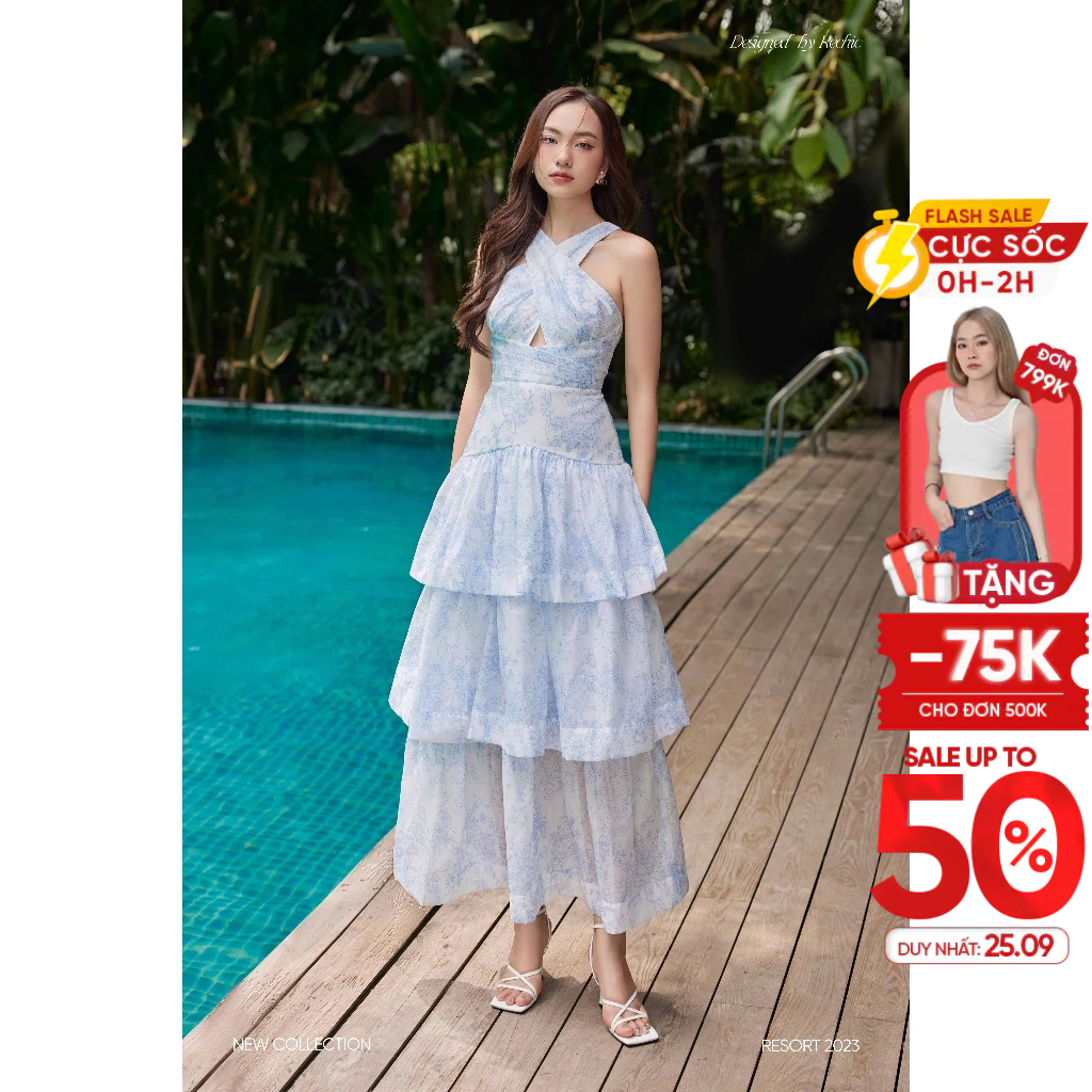 RECHIC Đầm cổ yếm Jovie chiết eo tà váy xếp tầng chất tơ hoa sang trọng tiểu thư