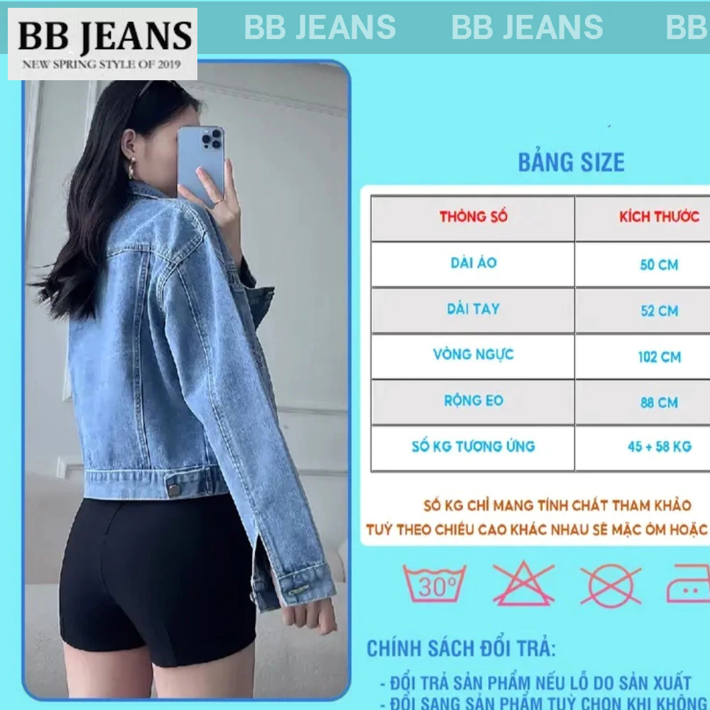 Áo khoác jean nữ có túi chứa tiện lợi - túi trơn - 4 túi - Rugyb form vừa dà áo 52-54cm BB Jeans