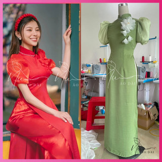 Áo dài truyền thống nữ chất tây thi mềm đẹp, tay phối tơ bồng, ngực đính hoa thủ công đẹp và rẻ A5