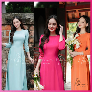Áo dài trơn lụa mỹ cao cấp mềm, kiểu tay sơ mi bồng , cổ tròn đính hạt trai hàng may sẵn đẹp và rẻ