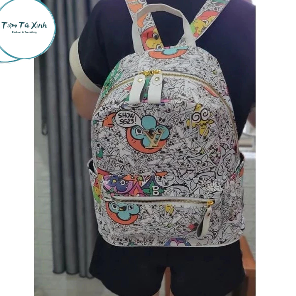 Balo Da LV Nam Nữ Size 40cm Họa Tiết Hoạt Hình N03