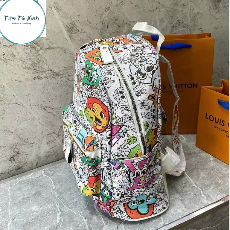 Balo Da LV Nam Nữ Size 40cm Họa Tiết Hoạt Hình N03