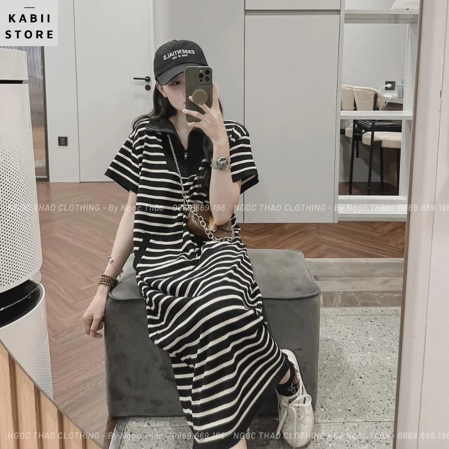 Váy len cổ khóa suông be đen kẻ ngang KABII, form váy suông, Chất len đứng dáng đẹp, thấm hút mồ hôi freesize