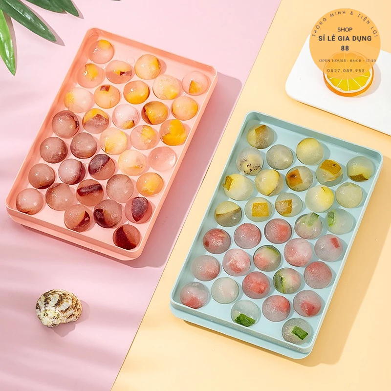Khay đá bi tròn tủ lạnh 33 viên có nắp đậy , Khuôn làm thạch hoa quả hình bi tròn ngộ nghĩnh 88381 SLGD