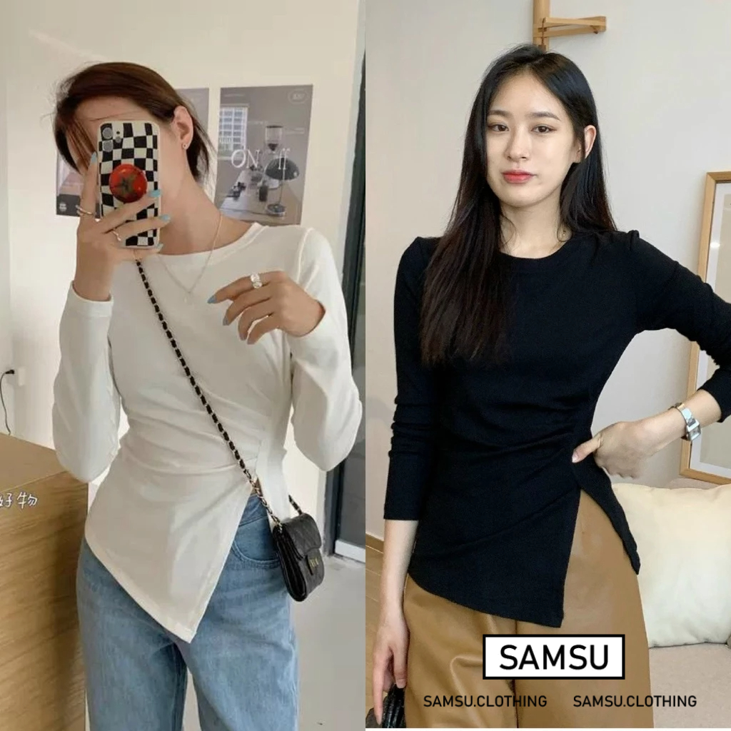 Áo thun nữ tay dài cổ tròn VẠT LỆCH eo phong cách Hàn Quốc chất thun gân co dãn Samsu.clothing_saigon