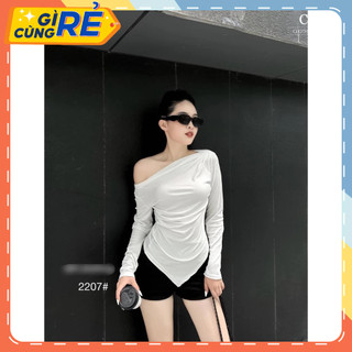 Áo thun len dài tay VY049 Áo kiểu nữ lệch vai dáng ôm Sexy đuôi nhọn mông vạt nhúm sườn Co giãn tốt 3 màu Trắng Đen Nâu