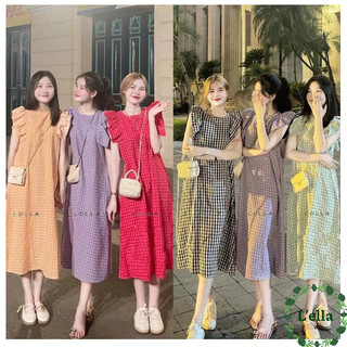 Váy bầu thời trang kẻ caro basic đầm bầu tay cánh tiên dáng dài