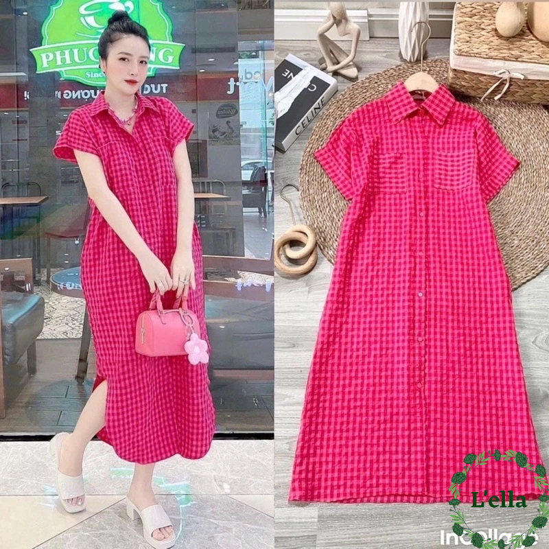 Đầm sơ mi nữ váy sơ mi đuôi tôm kẻ sọc caro dáng dài tay hến chất thô mềm bầu bí mặc thoải mái