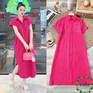 Đầm sơ mi nữ váy sơ mi đuôi tôm kẻ sọc caro dáng dài tay hến chất thô mềm bầu bí mặc thoải mái