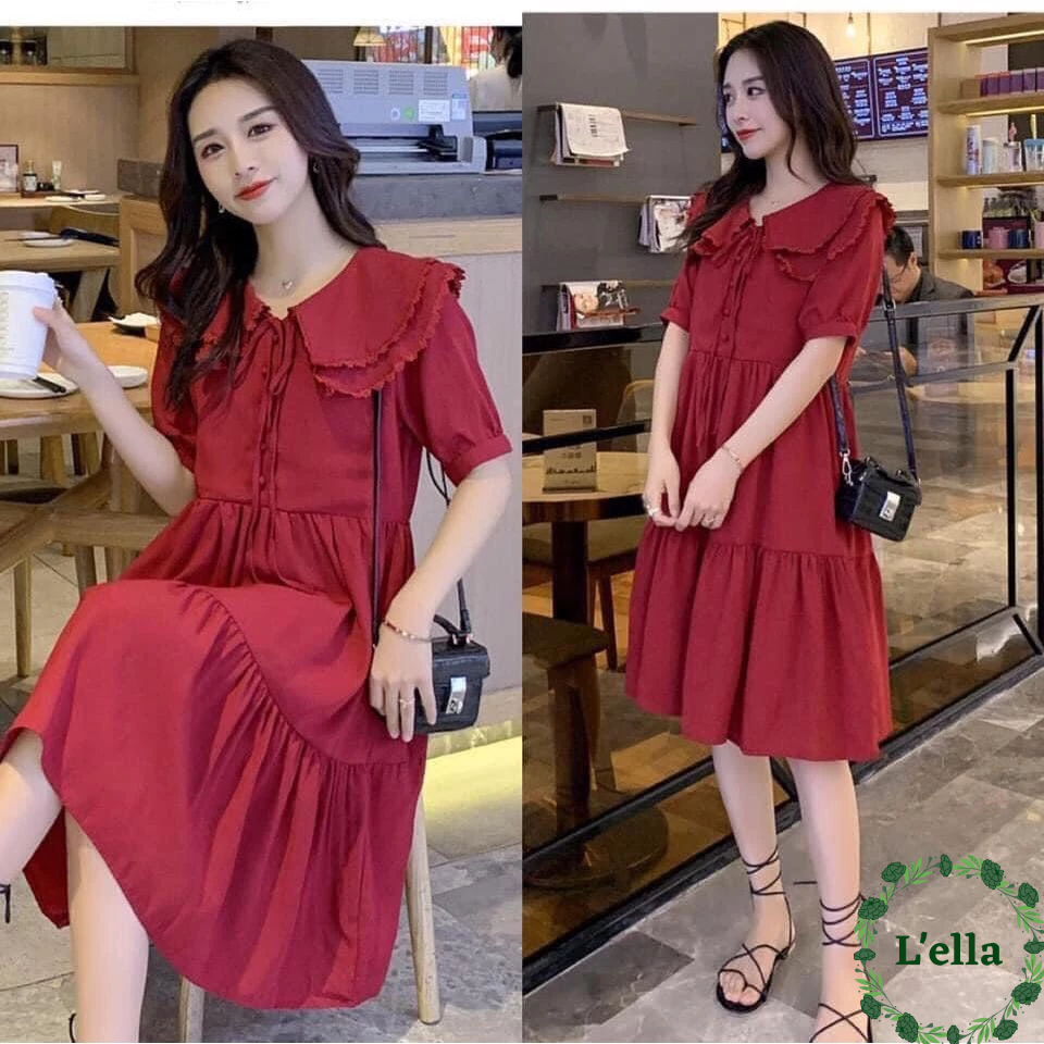 Váy bầu công sở babydoll đầm bầu dáng suông cổ buộc nơ siêu xinh màu đỏ cực tôn da