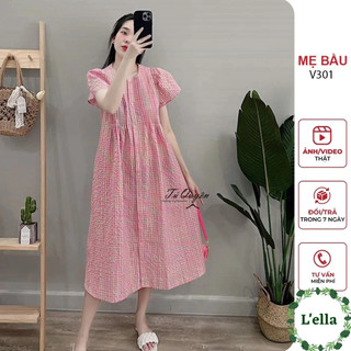 Váy bầu dáng suông sơ mi kẻ hồng đầm bầu sát nách cổ bèo V nhiều màu