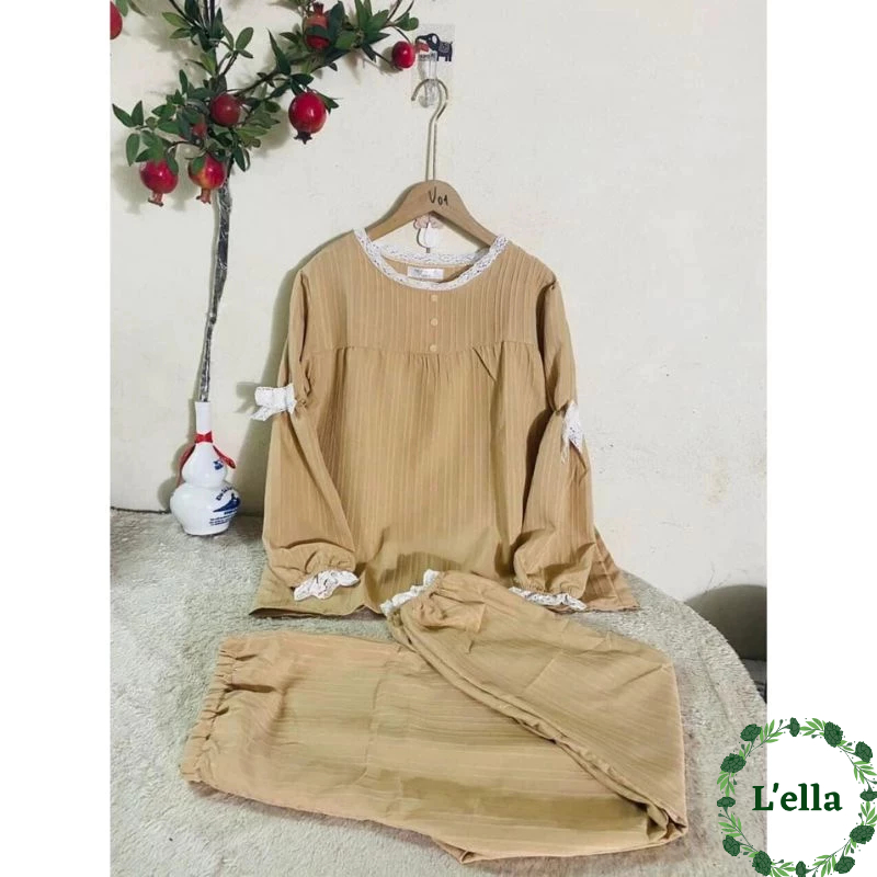 Bộ Bầu Mặc Nhà Viền Ren Siêu Xinh Gấu Be Cực Dễ Thương Quần Có Cúc Điều Chỉnh