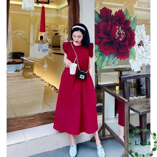 Váy bầu công sở đỏ tay bèo cánh tiên đầm bầu dáng suông cổ cánh sen chất mát