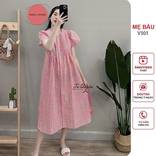 Váy bầu dáng suông sơ mi kẻ hồng đầm bầu sát nách cổ bèo V nhiều màu