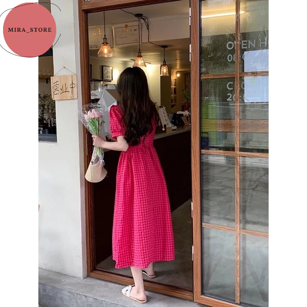 Váy bầu babydoll kẻ hồng dáng suông đầm bầu cổ sơ mi siêu xinh mặc đi chơi đi làm
