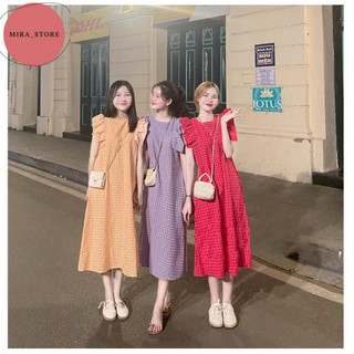 Váy bầu thời trang kẻ caro basic đầm bầu tay cánh tiên dáng dài