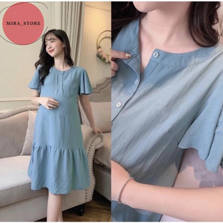 Đầm bầu công sở dáng suông tay chuông váy bầu cổ trụ màu xanh đủ size