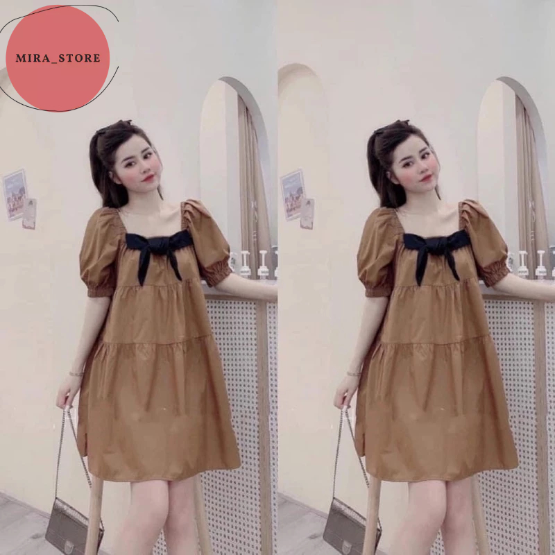 Đầm Bầu Babyddoll Tay Ngắn Váy Bầu Dáng Xòe Kèm Nơ Đi Dự Tiệc Cưới