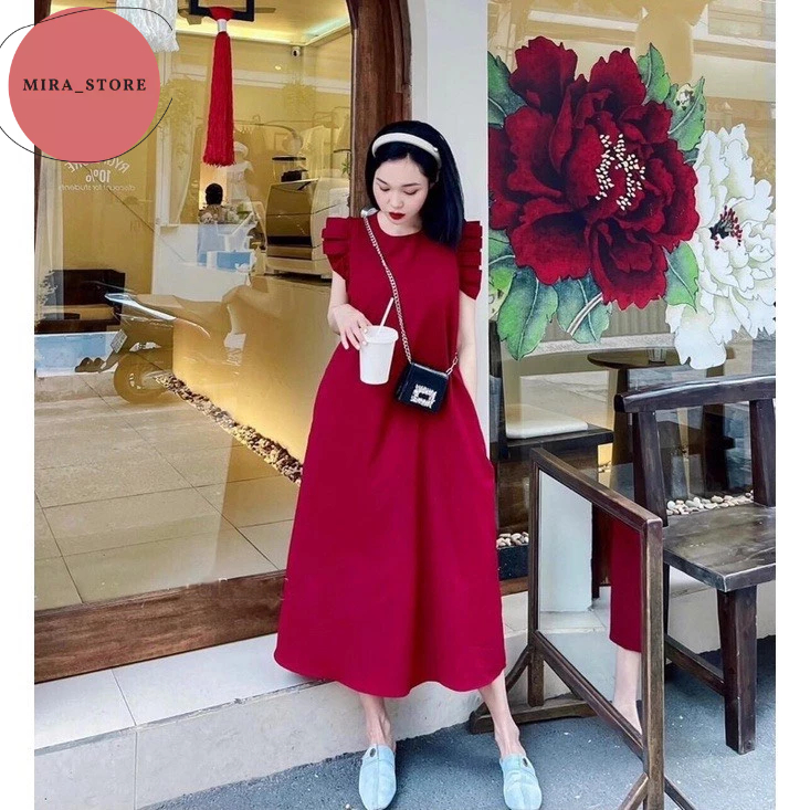 Đầm bầu thiết kế tay bèo cánh tiên váy bầu đỏ đô chất đũi Nhật siêu đẹp