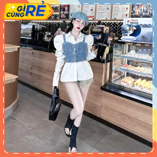 Set áo Sơ Mi trắng phối Jean hai dây VD565 Phong cách Retro Sang Trọng mặc đi Dạo phố, đi Tiệc, đi Sự kiện