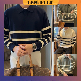 Áo len nam cổ polo dài tay trẻ trung cá tính, áo len nam phối kẻ ngang phong cách hàn quốc- 1996BLUE