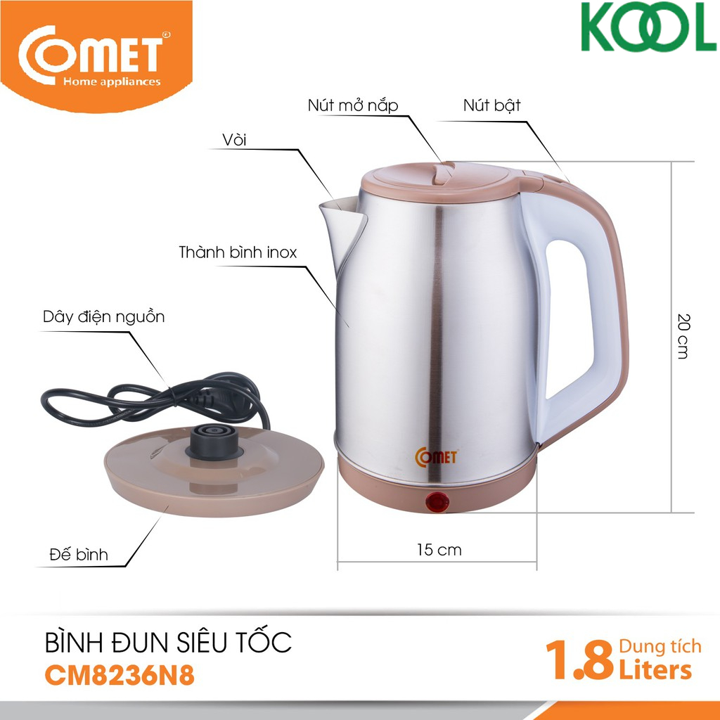 Bình đun siêu tốc inox 1.8L Comet CM8236N8