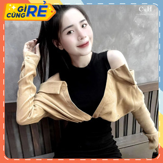 Váy thun Body phối Sơ mi Xinh Xuất Sắc kiểu dáng dài tay hở trễ vai phá cách Đi biển Đi tiệc Dạo phố siêu sang chảnh
