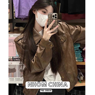 Áo khoác da dáng ngắn kiểu Basic màu nâu mùa thu phong cách retro Mỹ 2023 - áo jacket da dáng ngắn cho nữ