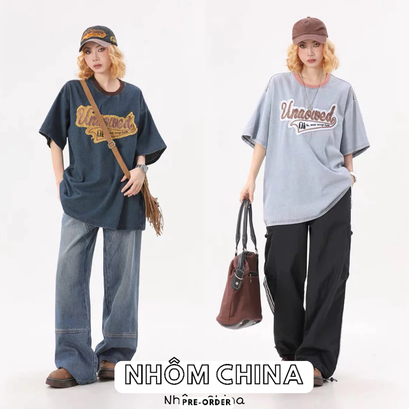 Áo phông jean denim hoạ tiết chữ Unaoweed dáng rộng kiểu dáng basic phong cách Hàn Quốc thời trang nam nữ 2023