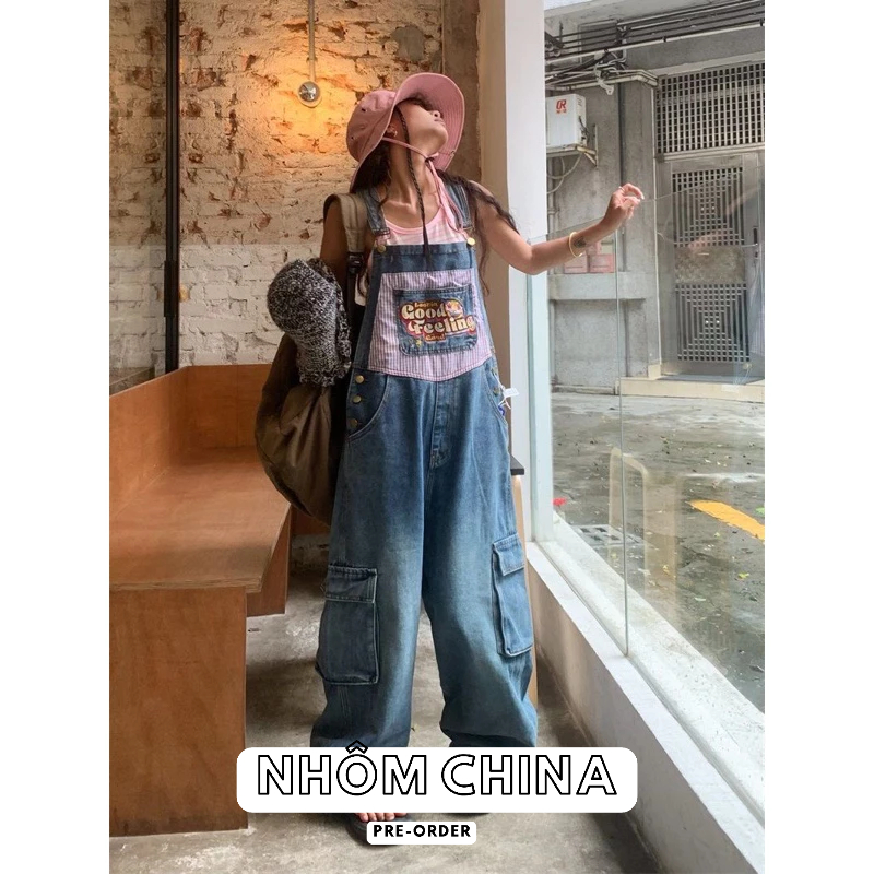 Yếm Quần Denim Dáng Dài Hoạ Tiết Dễ Thương Form Rộng Chữ Thêu Túi Hộp Thời Trang Nam nữ